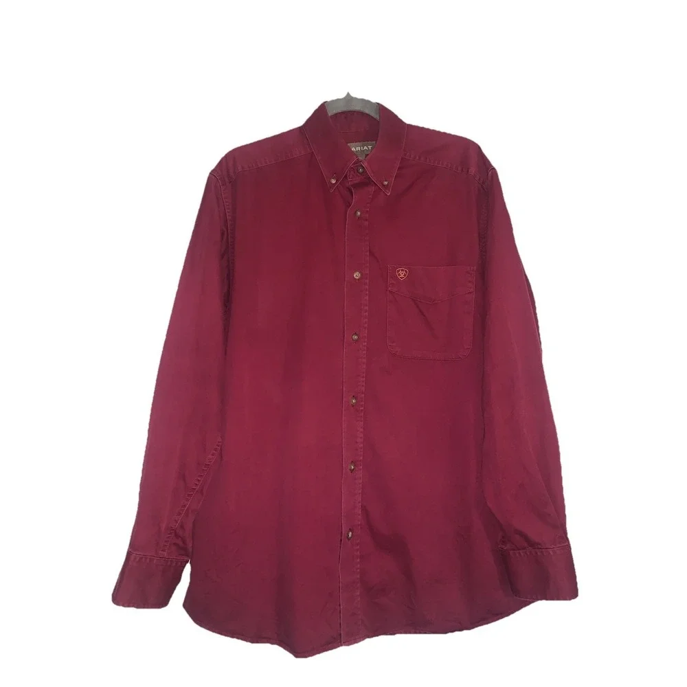 ARIAT Shirt Mens M Burgundy Cotton Twill Classic Fit Button Western Cowboy Rodeo